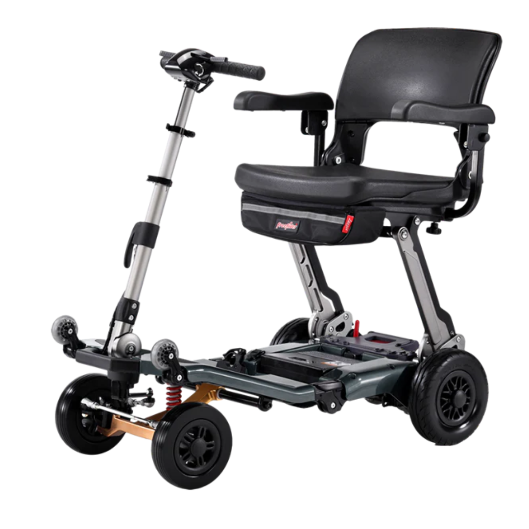 The FreeRider Luggie Super Plus 4 Travel Scooter is a compact, foldable scooter with a padded seat, armrests, handlebars, and four wheels—ideal for personal transport and easy storage as a folding travel companion.